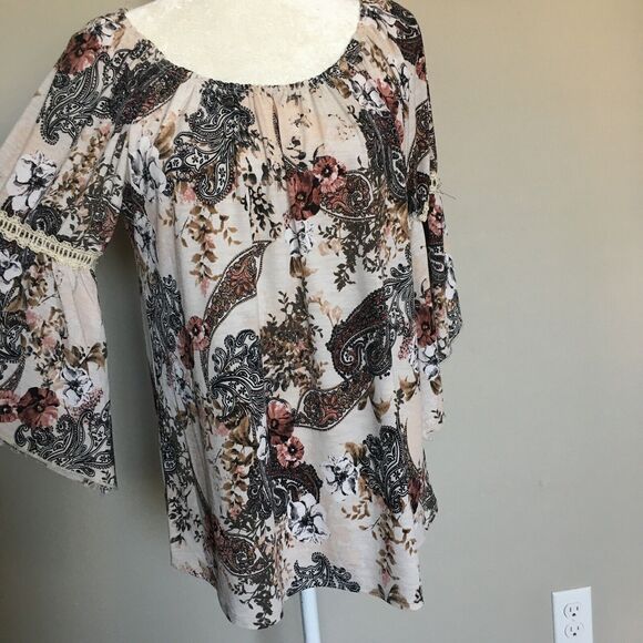 Naif Womens Medium Beige Floral Blouse Top Boho Wide Arm Paisley Floral Print - Picture 5 of 12